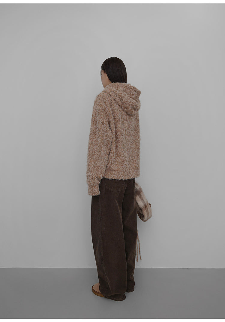 毛絨雙拉鏈鐵環細節連帽外套