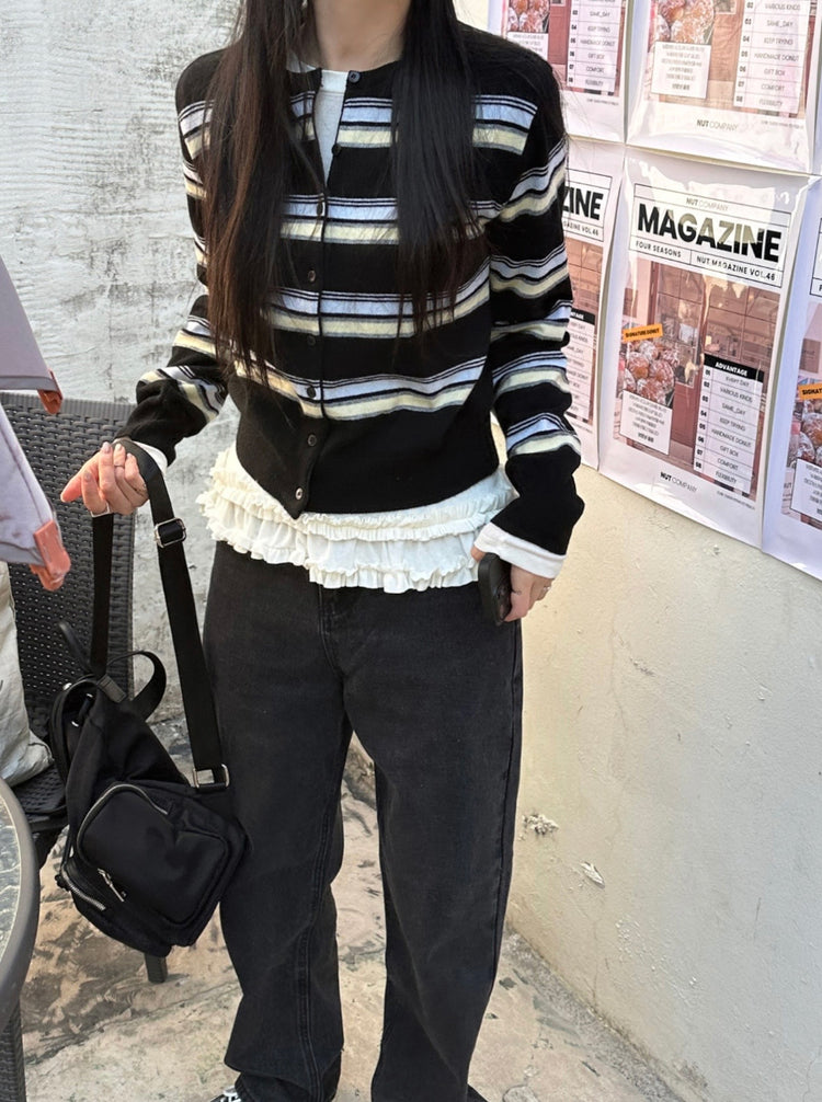 撞色條紋排鈕針織衫