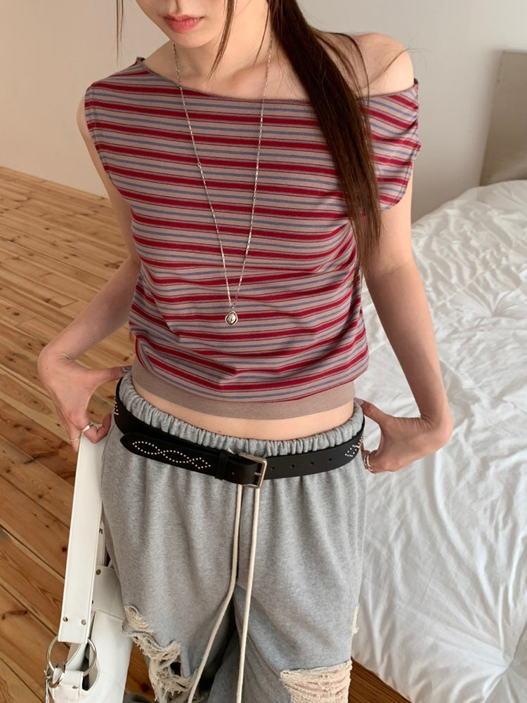 美肩撞色條紋束口細節上衣