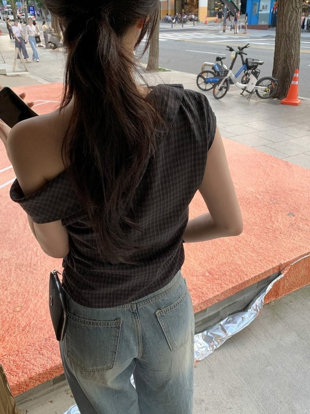 側露肩格紋修身上衣