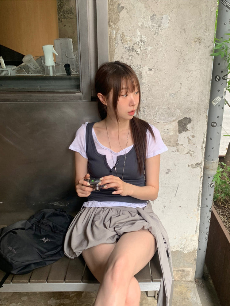 微透U領修腰上衣