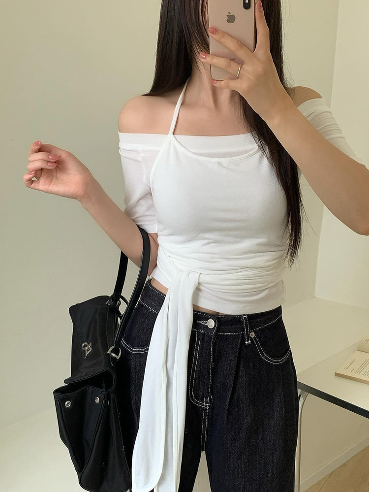 美肩掛脖綁帶兩件式上衣