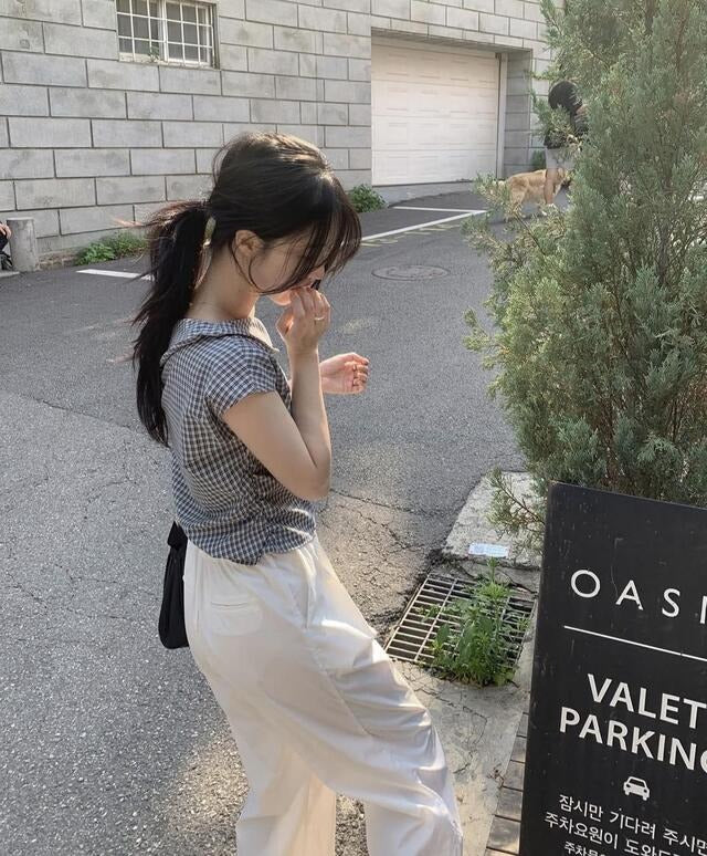 側露肩格紋修身上衣