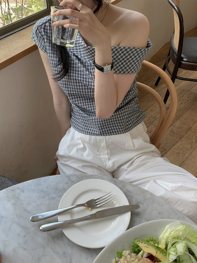 側露肩格紋修身上衣