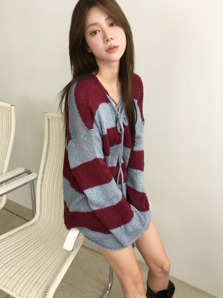 撞色條紋綁帶細節針織衫