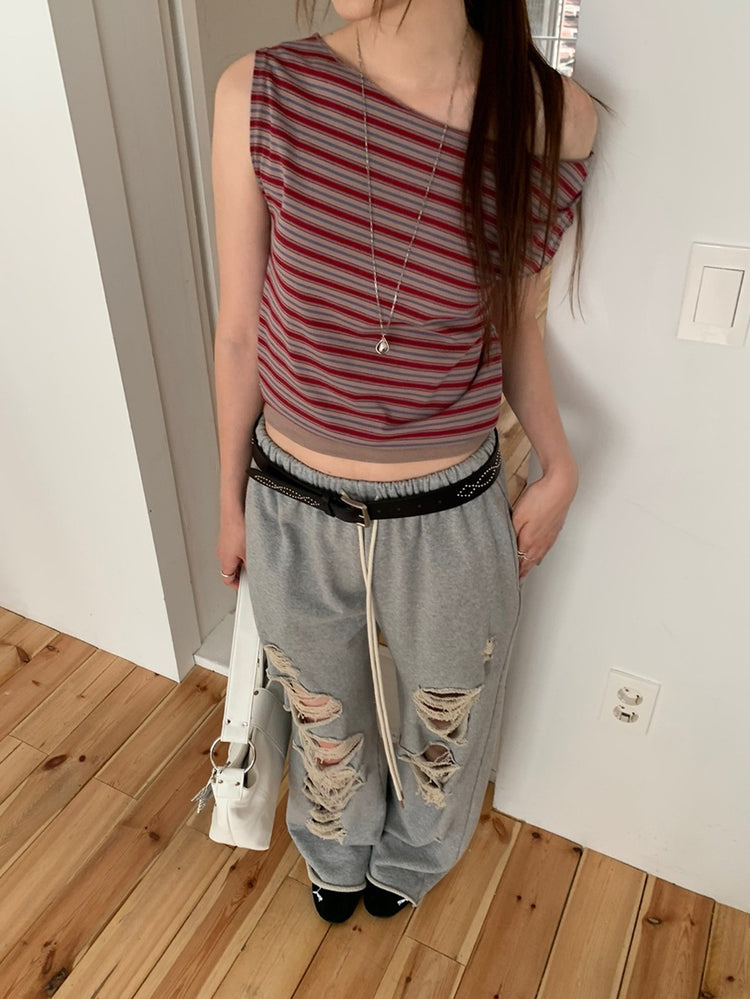 美肩撞色條紋束口細節上衣