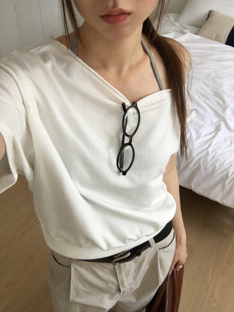 側露肩修腰休閒上衣