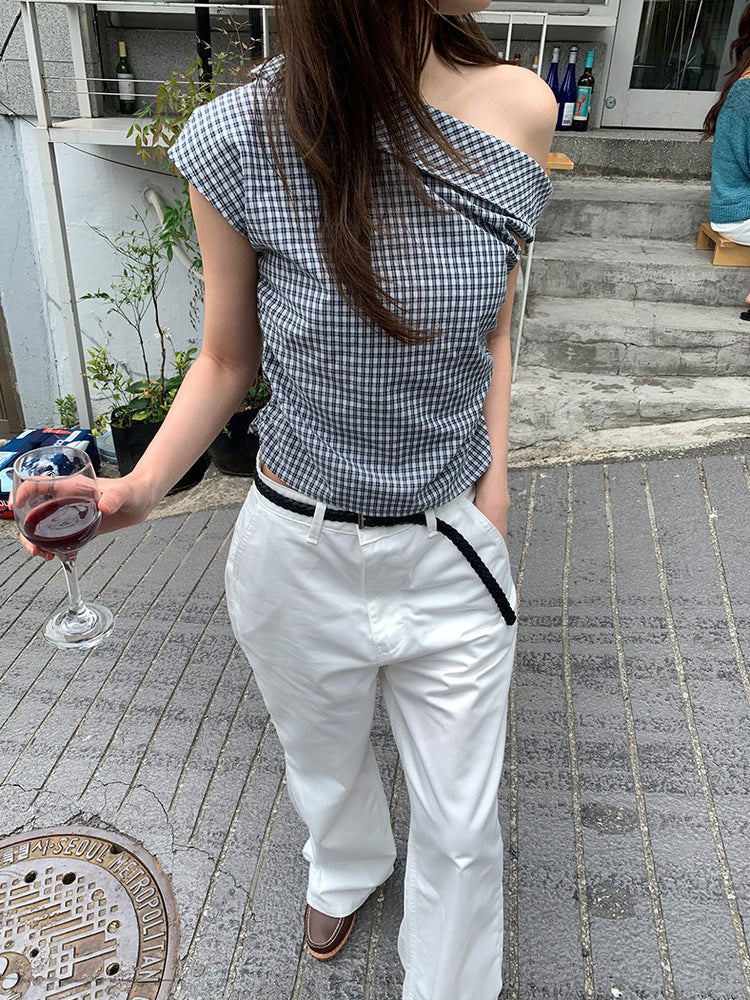 側露肩格紋修身上衣