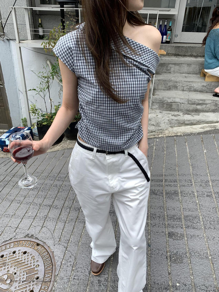 側露肩格紋修身上衣