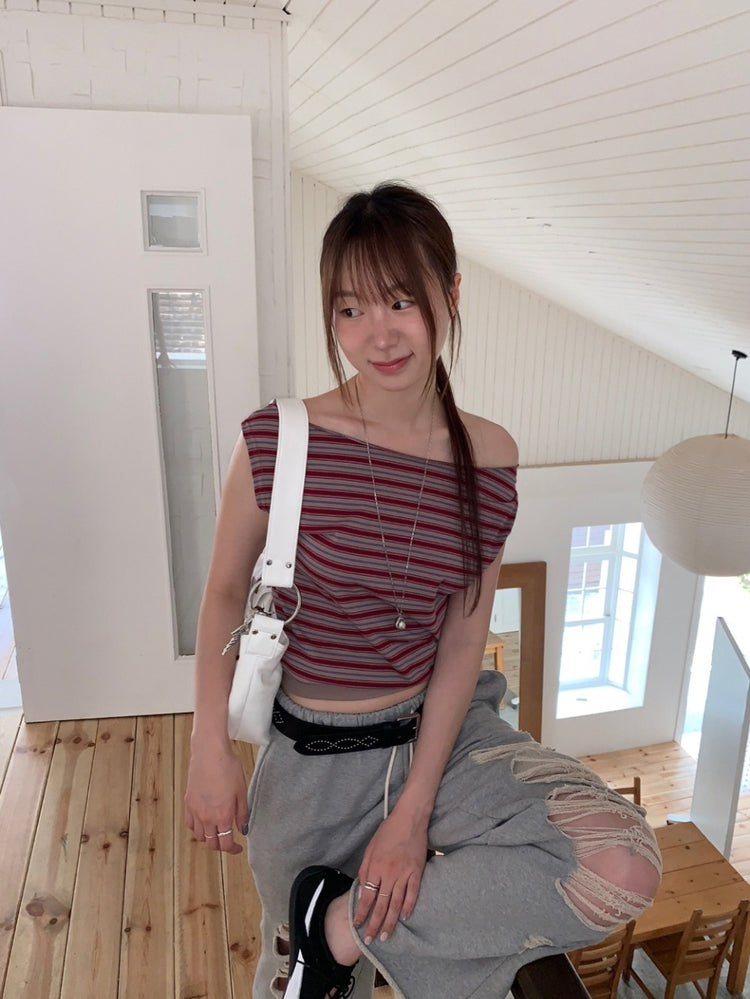 美肩撞色條紋束口細節上衣