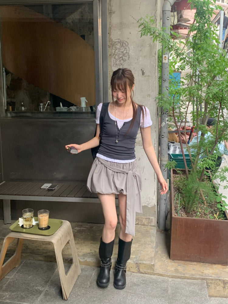 微透U領修腰上衣