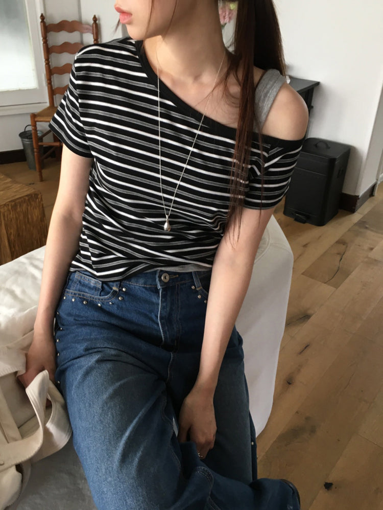 美肩撞色條紋上衣