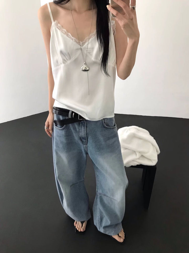 霧光澤蕾絲邊吊帶上衣