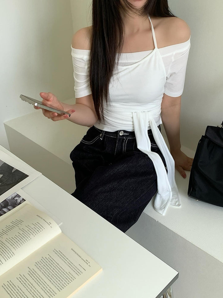 美肩掛脖綁帶兩件式上衣