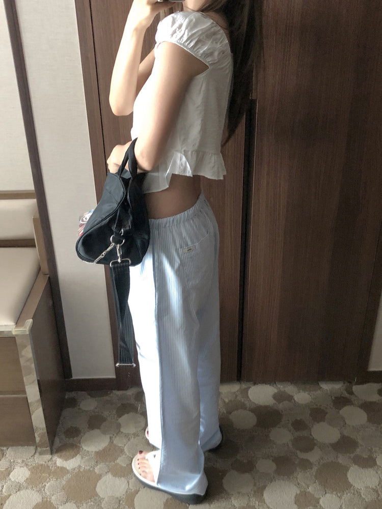 休閒感條紋垂帶直褲