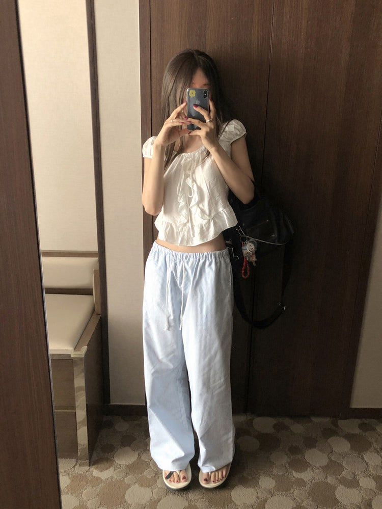 休閒感條紋垂帶直褲