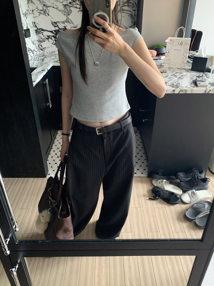 條紋側壓褶細節直褲