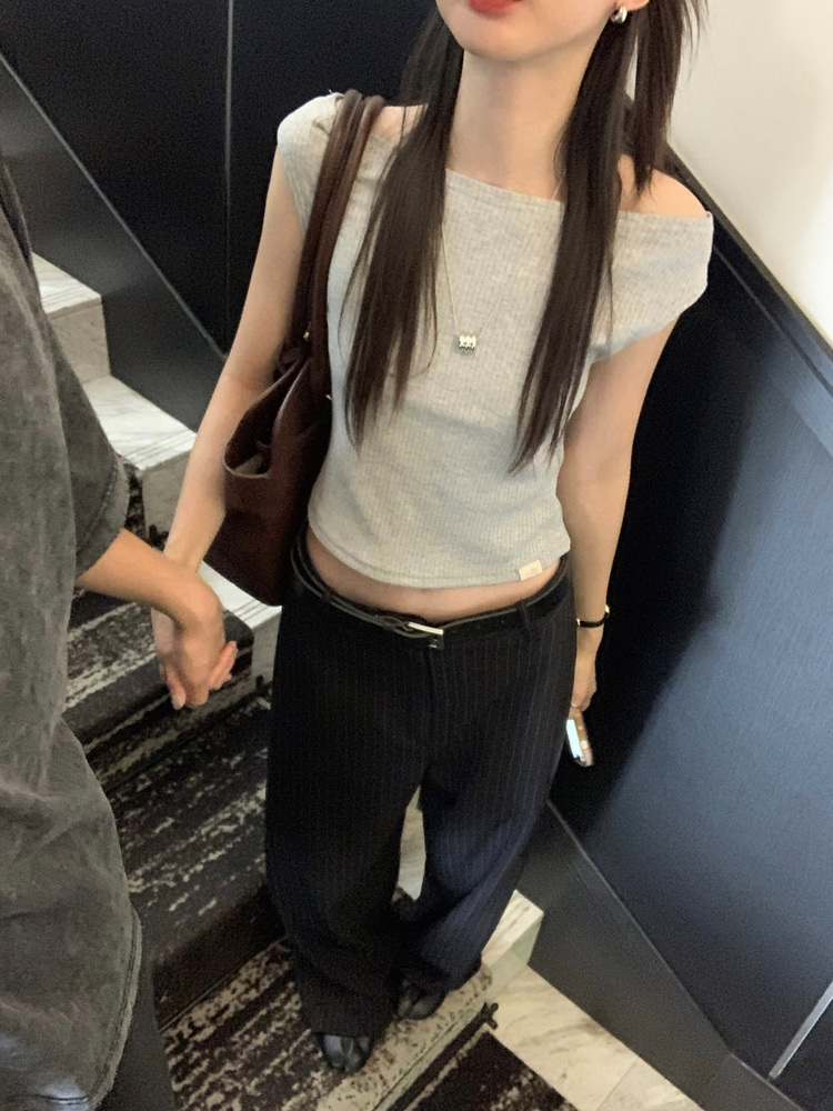 條紋側壓褶細節直褲