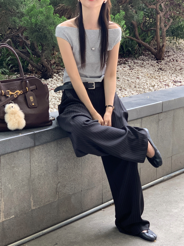 條紋側壓褶細節直褲