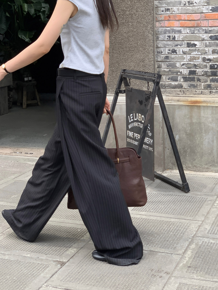 條紋側壓褶細節直褲
