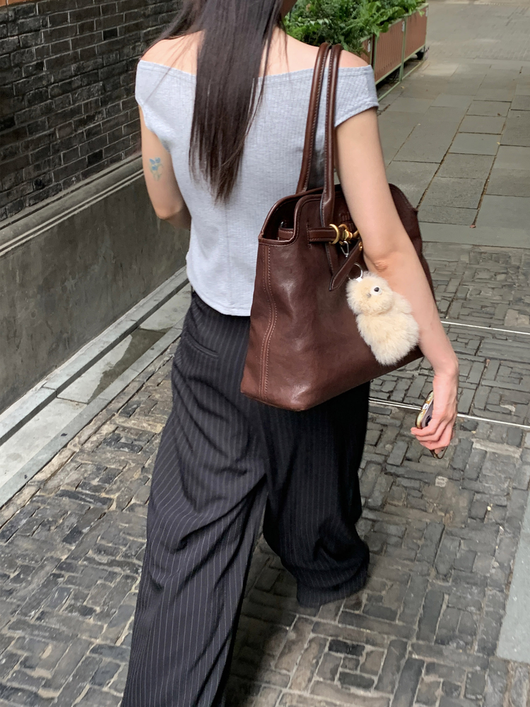 條紋側壓褶細節直褲