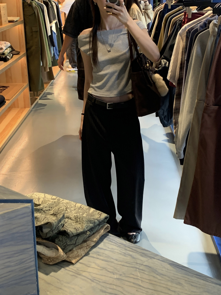 條紋側壓褶細節直褲