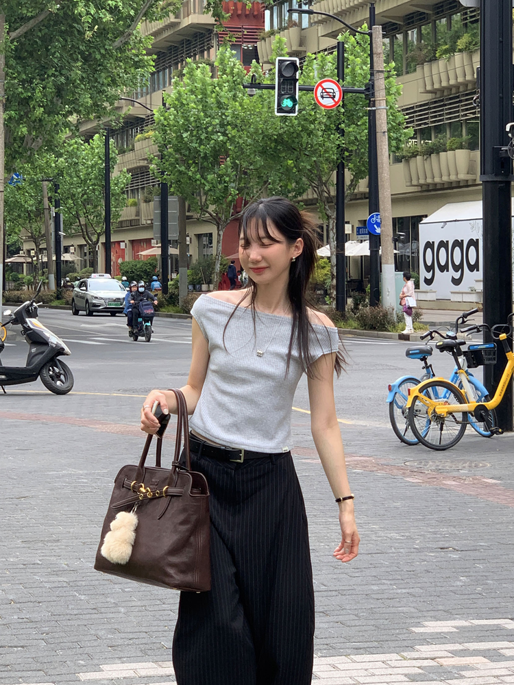 條紋側壓褶細節直褲