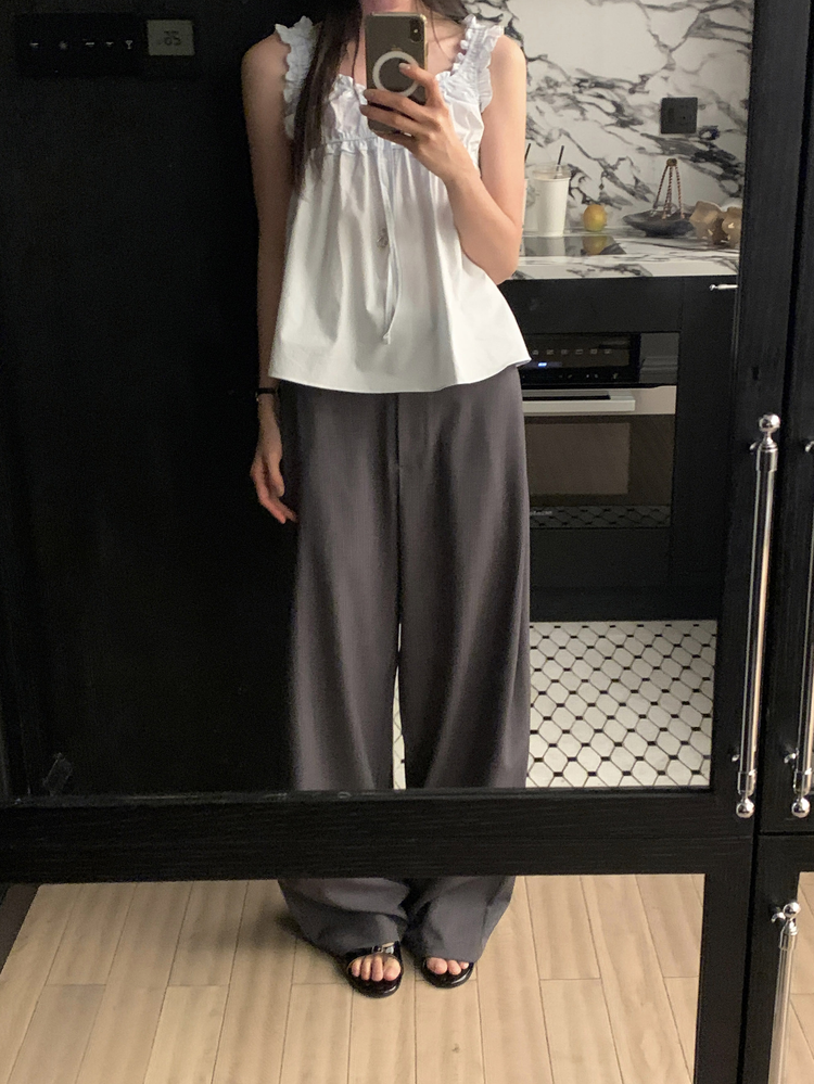 條紋側壓褶細節直褲