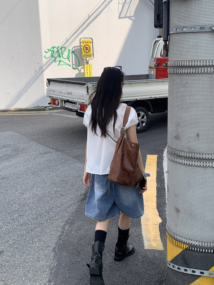 蕾絲邊兩穿泡泡袖上衣