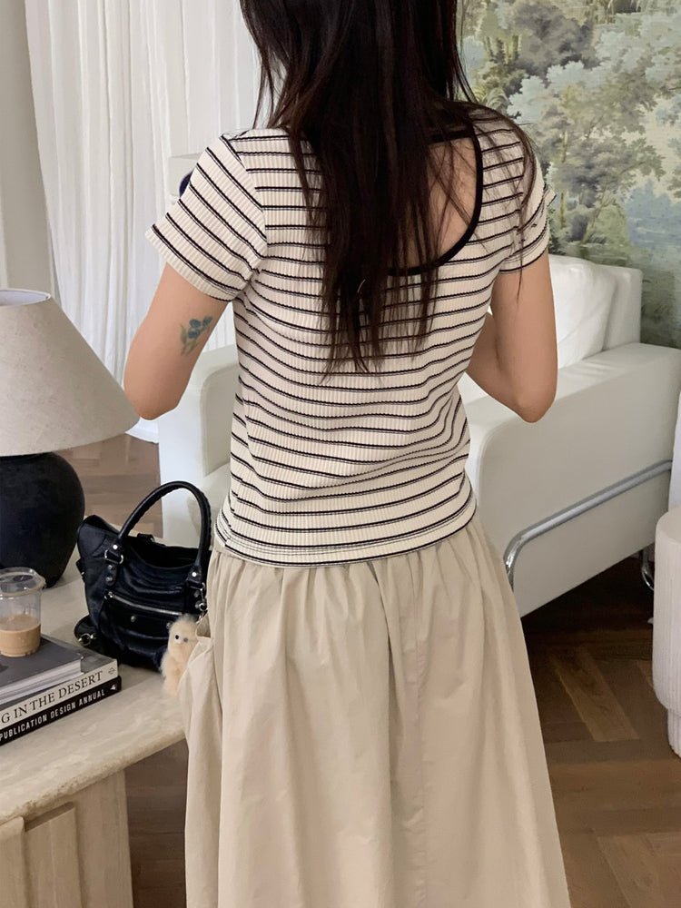 美背條紋撞色細節上衣