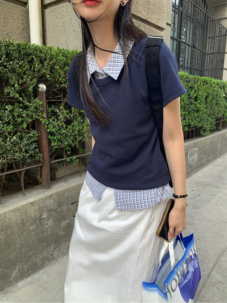 格紋飛袖修腰襯衫