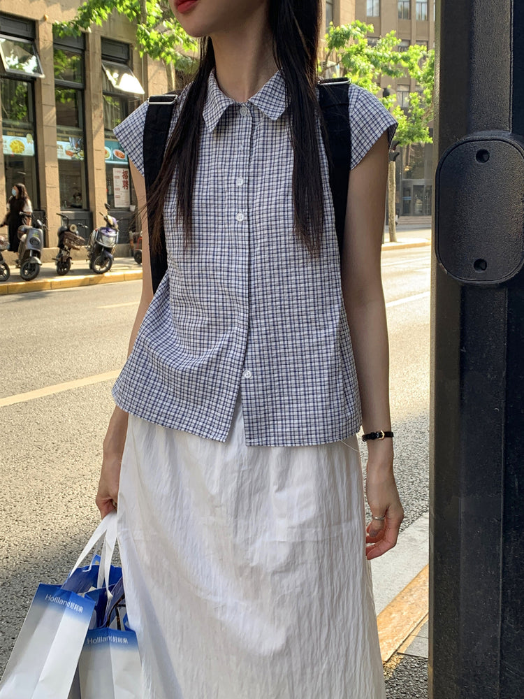 格紋飛袖修腰襯衫