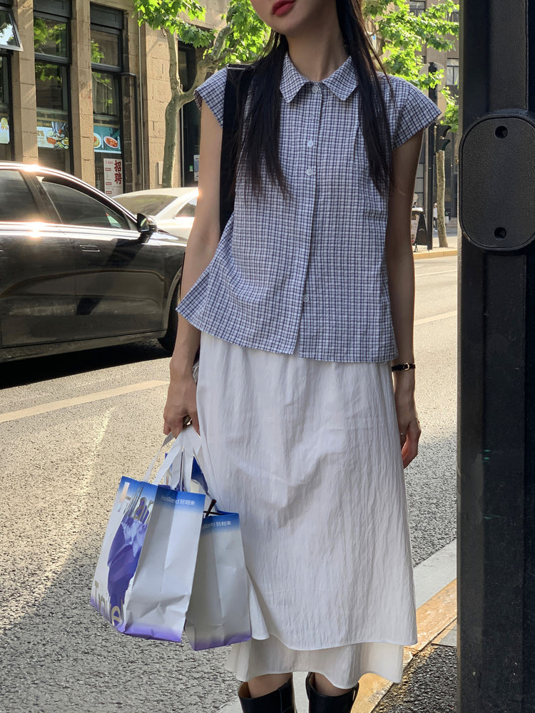 格紋飛袖修腰襯衫
