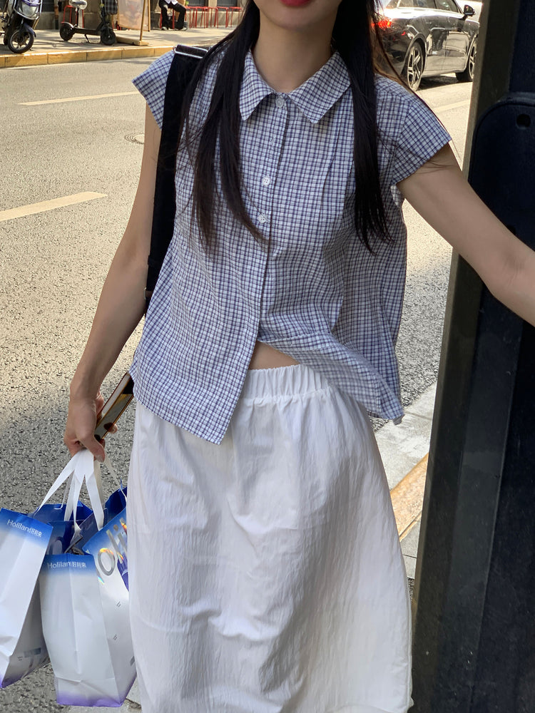 格紋飛袖修腰襯衫