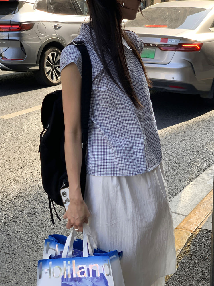 格紋飛袖修腰襯衫