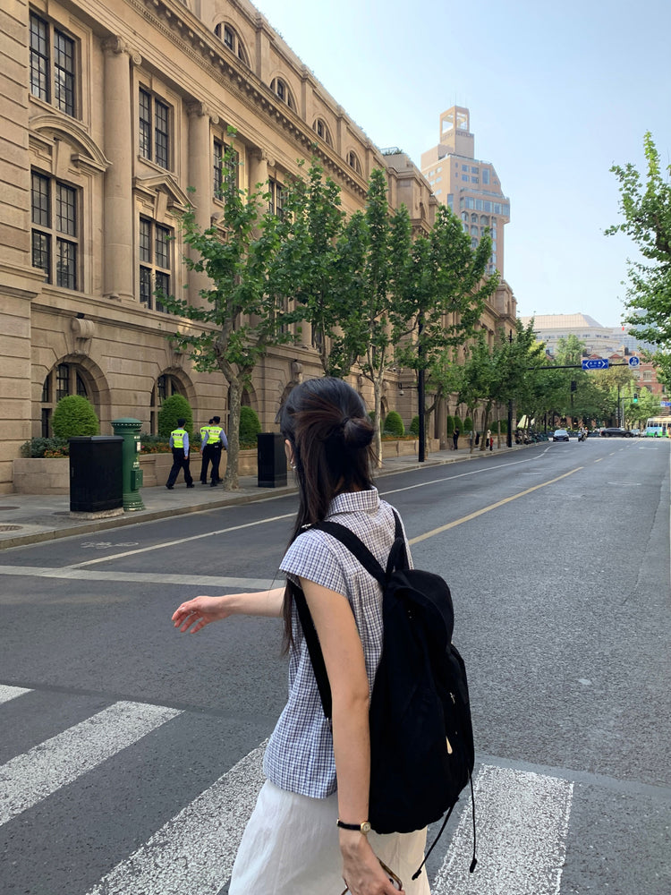 格紋飛袖修腰襯衫
