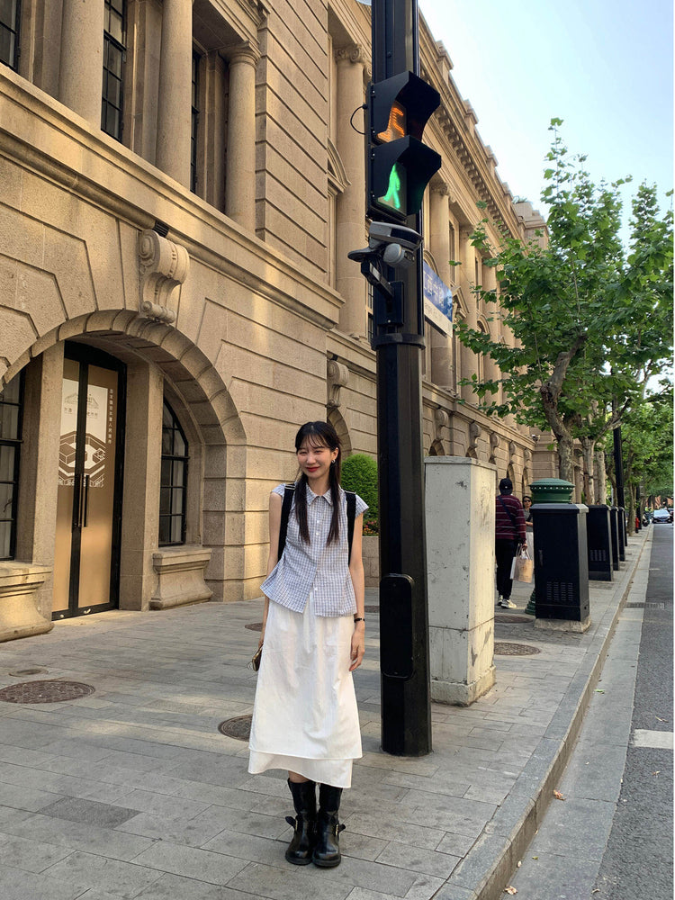 格紋飛袖修腰襯衫