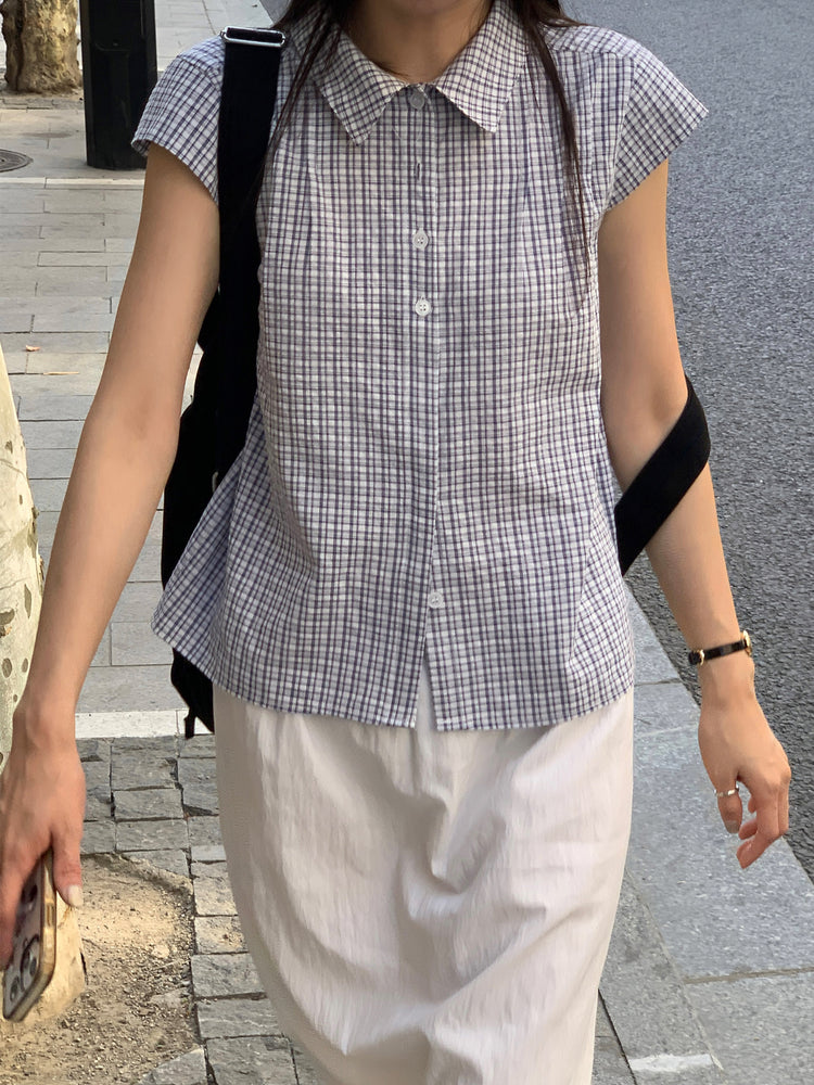 格紋飛袖修腰襯衫