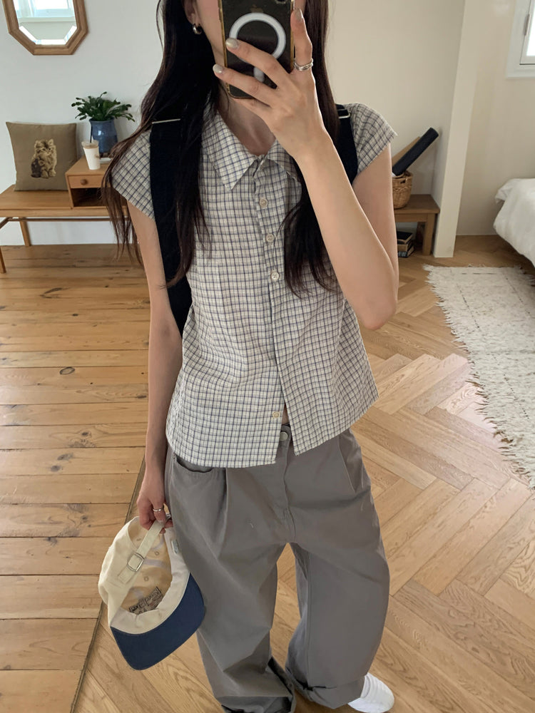 格紋飛袖修腰襯衫