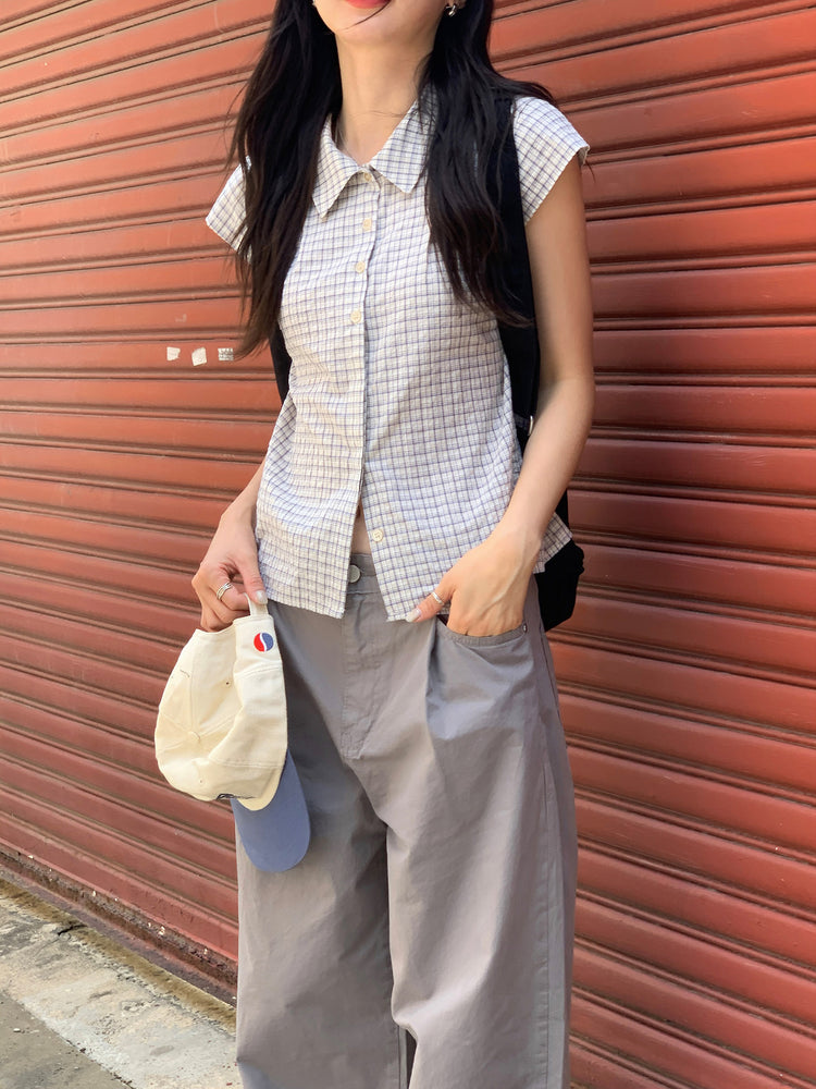 格紋飛袖修腰襯衫