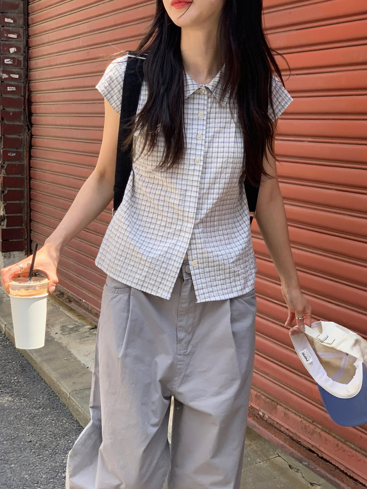 格紋飛袖修腰襯衫