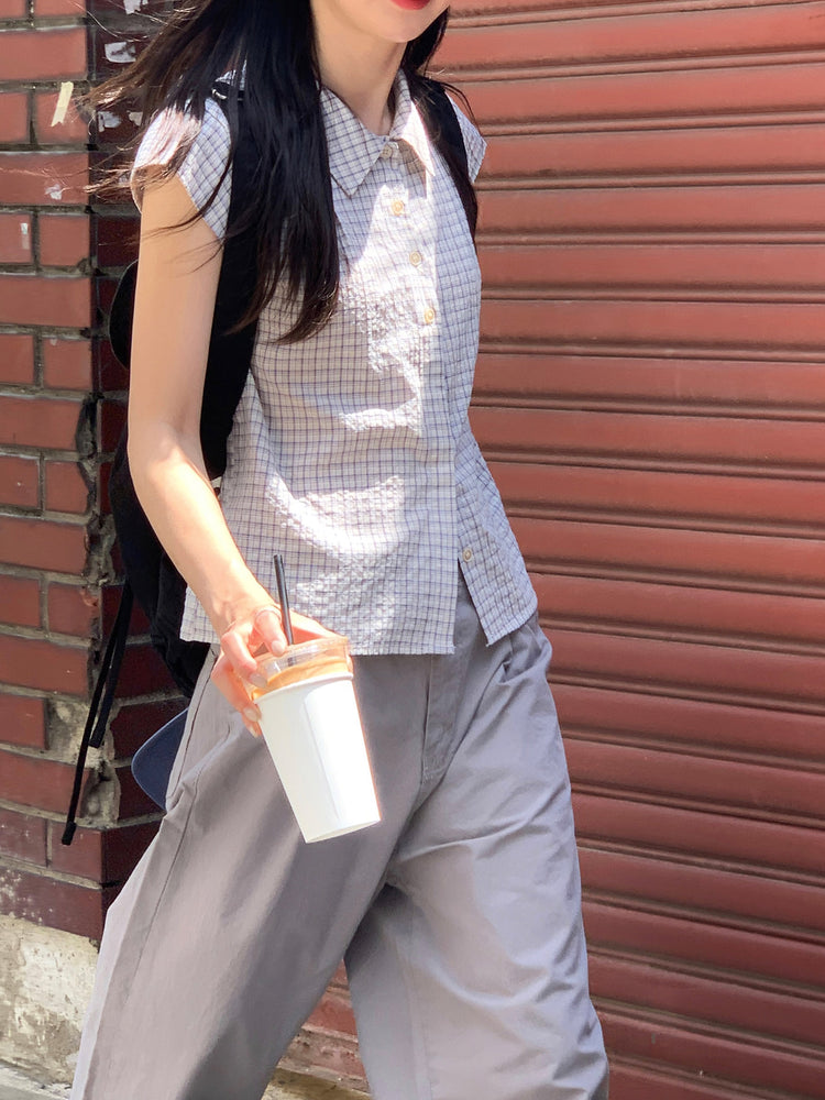 格紋飛袖修腰襯衫