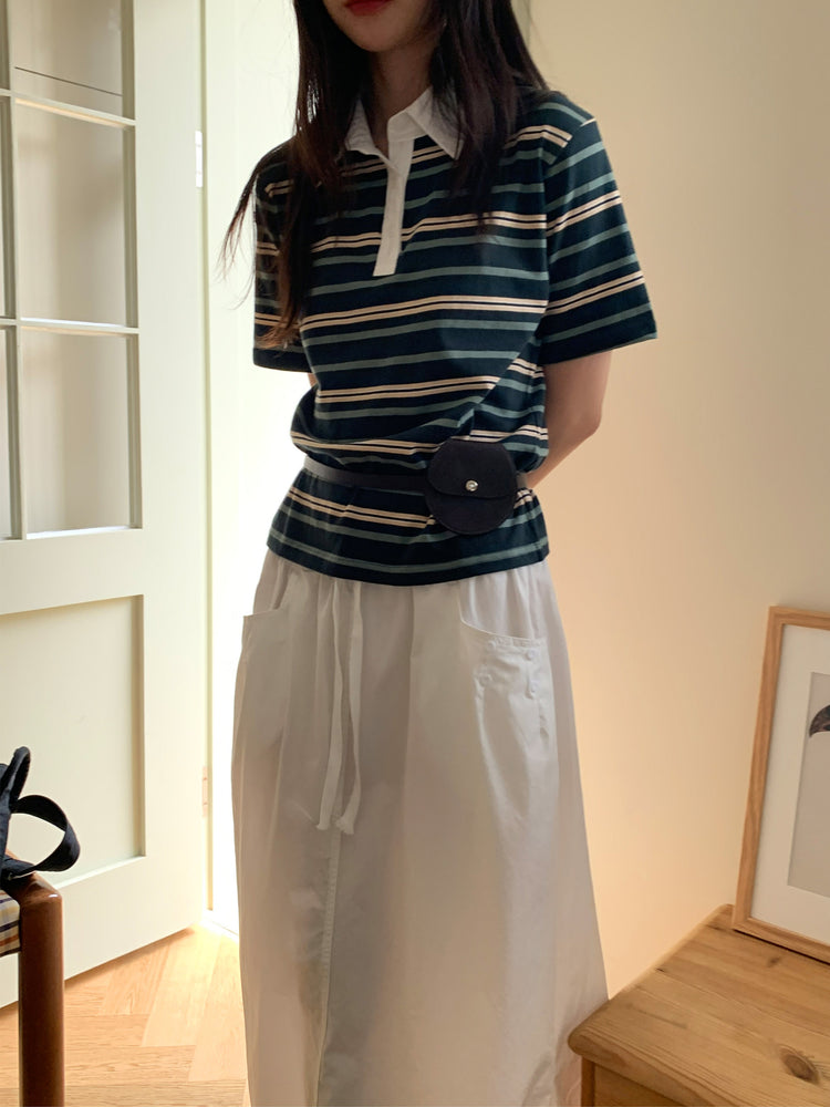 美色翻領撞色條紋上衣