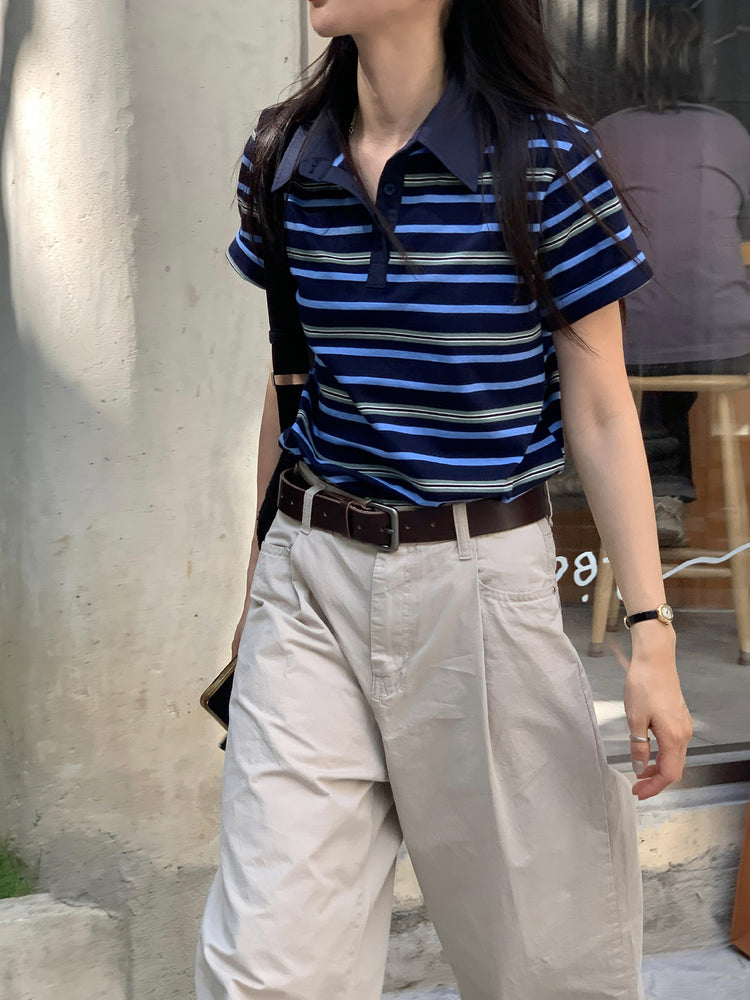 美色翻領撞色條紋上衣