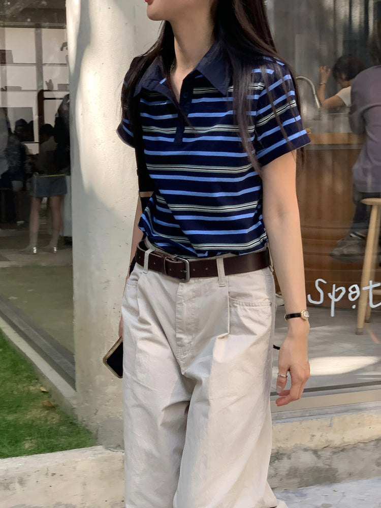 美色翻領撞色條紋上衣