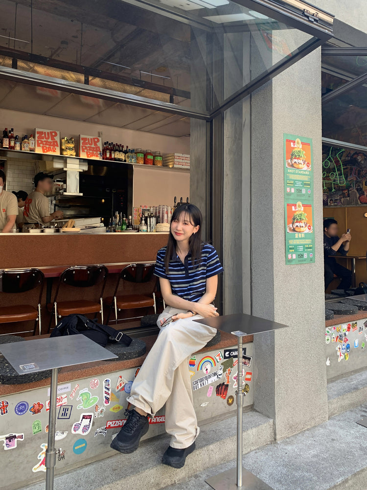 美色翻領撞色條紋上衣