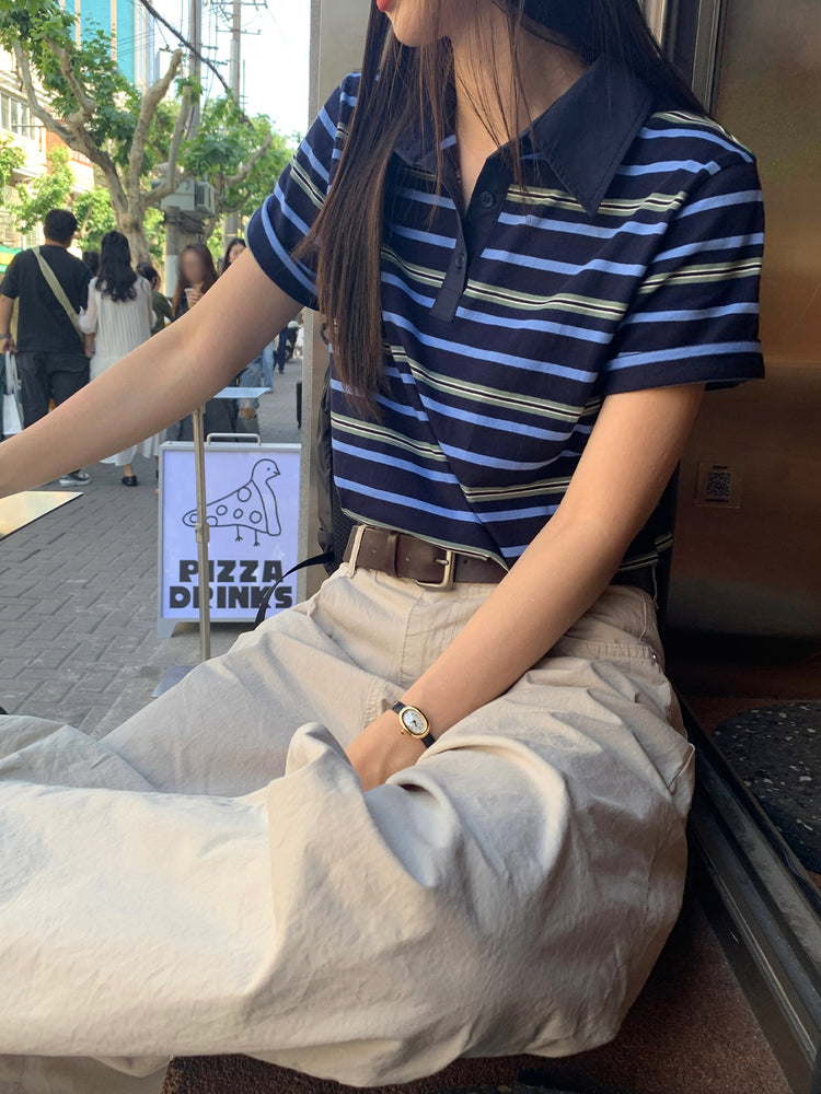 美色翻領撞色條紋上衣
