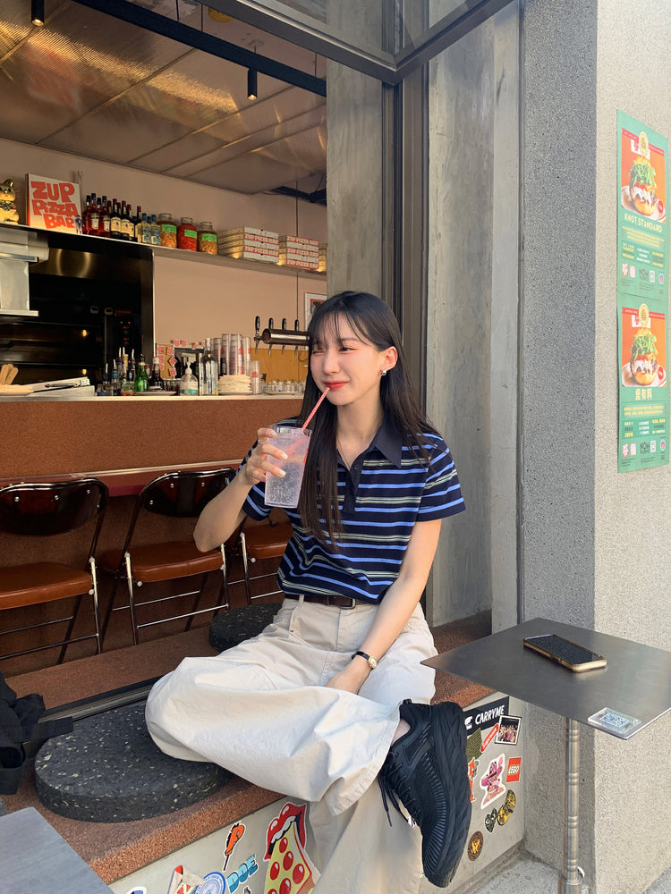 美色翻領撞色條紋上衣