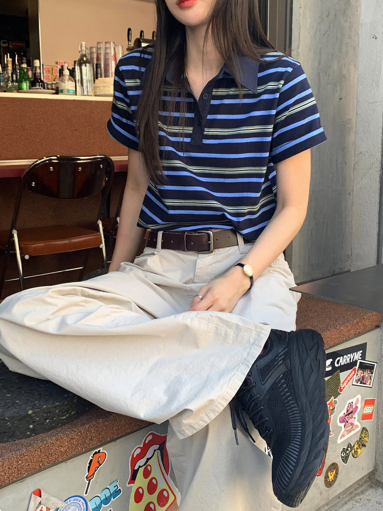 美色翻領撞色條紋上衣