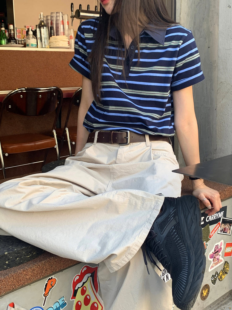 美色翻領撞色條紋上衣